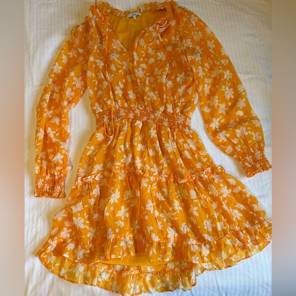 NSR Dresses & Skirts - NSR Orange and White Tiered Floral Dress with Bishop Sleeves
